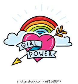 Girl power sticker pin with rainbow and clouds. Fancy comic style feminism hand drawn patch design