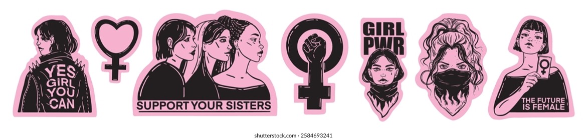 Girl power sticker set vector hand drawn woman rights illustration 8 March celebration feminist icon. Female diverse portrait, strong lady quote, society protest fight concept. Girl power emblem kit 