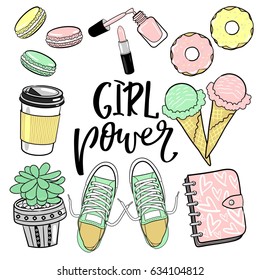 Girl power stickers with lettering. Set with glamour elements. Cute stickers for girls. Fashion accessories.