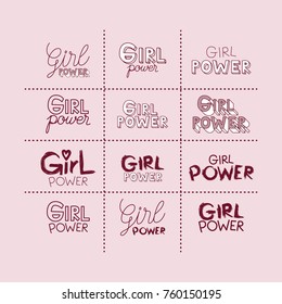 girl power stickers set and text in dark red with pink background