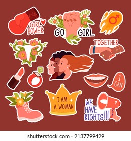 Girl power stickers set vector illustration. Cartoon collection with feminists support messages, tattoo female symbols and phrases, boot with flowers and protest fist. Feminism, motivation concept