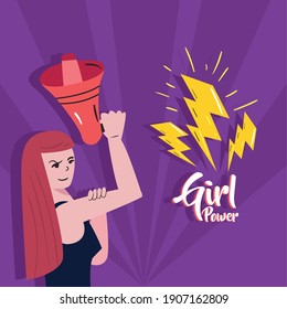 Girl power strong woman cartoon with megaphone and thunders design of empowerment female feminism and rights theme Vector illustration