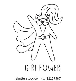 Girl power. Superhero cat. Hand drawn vector icon illustration design in scandinavian, nordic style. Best for nursery, childish textile, apparel, poster, postcard. 