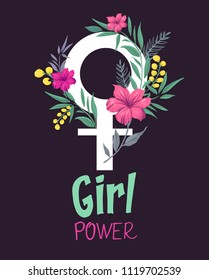 Girl power. Symbol of feminism with flowers. Vector illustration