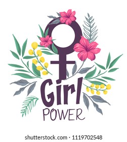 Girl power. Symbol of feminism with flowers. Vector illustration