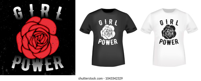 Girl power t shirt print. Fashion slogan stamp and t-shirt mockup. Printing and badge applique label t-shirts, jeans, casual wear. Vector illustration.