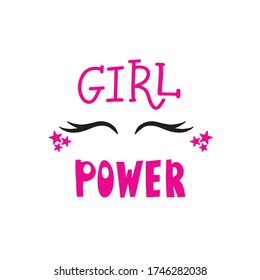Girl power text, feminism slogan. Black inscription for t shirts, posters and wall art. Feminist sign handwritten with ink and brush.