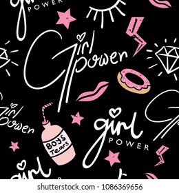 Girl power text and pink drawings seamless repeating pattern texture / Vector illustration design for fashion fabrics, textile graphics, prints, wallpapers, cards and other uses.