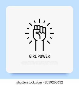 Girl power thin line icon, women's hand with fist. Modern vector illustration.