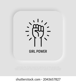 Girl power thin line icon, women's hand with fist. Modern vector illustration.