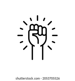 Girl power thin line icon, women's hand with fist. Modern vector illustration.