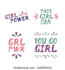 Girl Power, This Girl Can, You Go Girl – hand painted text. Quote about strong girls, women and feminism. Lettering for banner, card, promo, apparel, stationary. Pink, coral, purple, turquoise, teal.