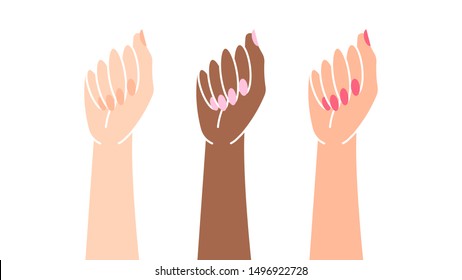 Girl Power. Three Female Hands Are Raised Up. The Concept Of Feminism, Equality, Freedom And Women's Rights. Vector Modern Illustration On A White Background.