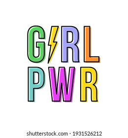 Girl power with thunderbolt. Motivational phrase. Feminist quote. Black outline. Multicolor. Vector illustration, flat design