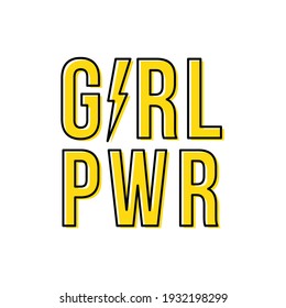 Girl power with thunderbolt. Motivational phrase. Feminist quote. Black outline. Vector illustration, flat design