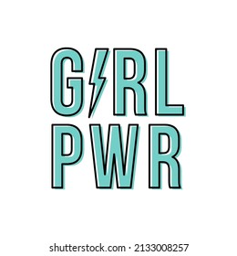 Girl power with thunderbolt. Motivational phrase. Feminist quote. Black outline. Turquoise. Vector illustration, flat design