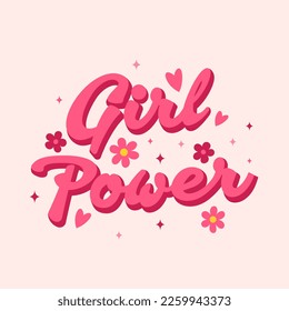 Girl Power. Trendy retro slogan, quote in 60s, 70s, 80s style. Greeting card, poster, print, social media template. Retro lettering, pink cute girly inscription.