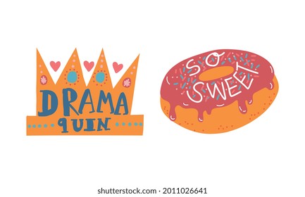 Girl Power Trendy Stickers with Crown and Donut Vector Set