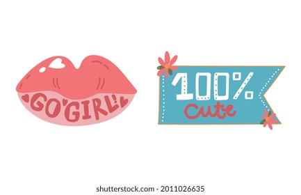 Girl Power Trendy Stickers with Lips Vector Set