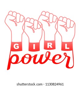 Girl Power t-shirt fashion pink and red print on white background. Pattern with lettering and fists for tshirt and apparel graphics, poster, print, postcard.