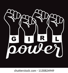 Girl Power t-shirt fashion print on black background. Pattern with lettering and fists for tshirt and apparel graphics, poster, print, postcard.