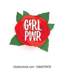 Girl Power t-shirt print. Vector illustration with feminist slogan and red rose isolated on white background. fashion label or patch