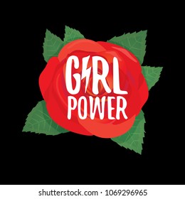 Girl Power t-shirt print. Vector illustration with feminist slogan and red rose isolated on black background. fashion label or patch