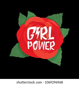 Girl Power t-shirt print. Vector illustration with feminist slogan and red rose isolated on black background. fashion label or patch