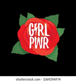 Girl Power t-shirt print. Vector illustration with feminist slogan and red rose isolated on black background. fashion label or patch