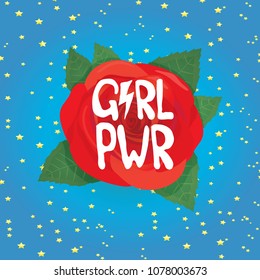 Girl Power t-shirt print. Vector illustration with feminist slogan and red rose on blue sky background with stars. fashion label or patch