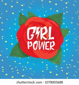 Girl Power t-shirt print. Vector illustration with feminist slogan and red rose on blue sky background with stars. fashion label or patch