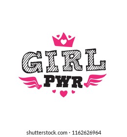 Girl Power - t-shirt print. Vector illustration. Label with lettering, crown, wings and hearts.