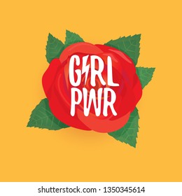 Girl Power t-shirt print. Vector illustration with feminist slogan and red rose on orange background. fashion label or patch 