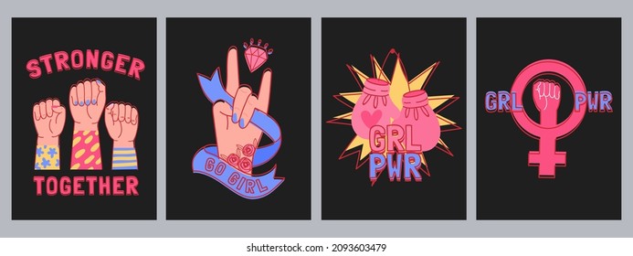 Girl power t-shirt prints with fists and feminist slogans. Fashion apparel design female quotes. Feminism, woman rights posters vector set. Illustration of girl power t-shirt protest