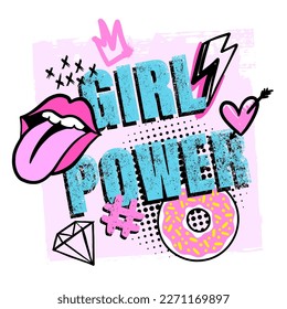 GIRL POWER T-shirts. Hand lettering. Colorful creative design for girls. Girlish print. Cool  illustration on comics style for teen girl