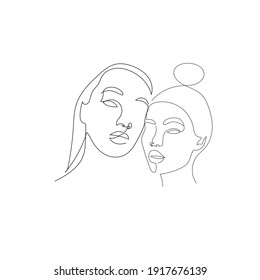 Girl power. Two abstract simple faces drawn in one continuous line. One line design. Hand drawn art in minimalism style. 