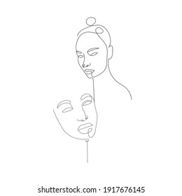 Girl power. Two abstract simple faces drawn in one continuous line. One line design. Hand drawn art in minimalism style. 