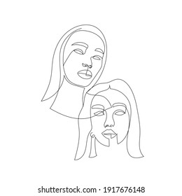 Girl power. Two abstract simple faces drawn in one continuous line. One line design. Hand drawn art in minimalism style. 