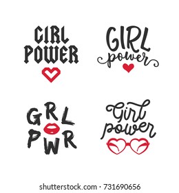 Girl power typography set. Feminism quote, woman motivational slogan. Feminist saying. Lettering design elements for t-shirt prints, posters. Vector illustration.