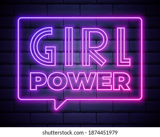 Girl Power. Vector badge, icon with neon effect illustration on dark brick wall background