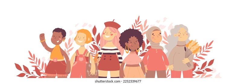 Plantilla de banner para vectores de potencia femenina con niñas y flores y hojas	