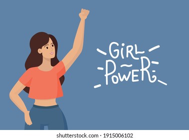 Girl power vector flat banner template with text. Young handsome woman standing with raised hand. Women empowerment movement, feminism, sisterhood, International Woman Day poster design.