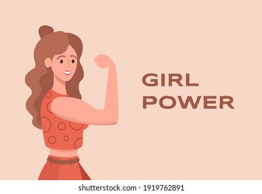 Girl power vector flat banner template with text. Young pretty woman standing with raised hand. International Woman Day poster design. Women empowerment movement, feminism, sisterhood concept.