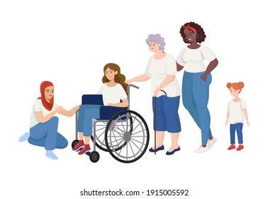 Girl power vector flat concept. Women of different ages and rases standing together. Female character sitting in wheelchair. International Woman Day, Feminism, body positive concept.