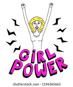 Girl Power Vector hand drawn illustration of picture of powerful girl with lettering. Woman motivational slogan. Great typography for poster, card, t shirts.