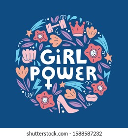 Girl power- vector hand drawn lettering with female symbols in doodle style. Feminism concept. Round illustration for cards and banners isolated on classic blue background.