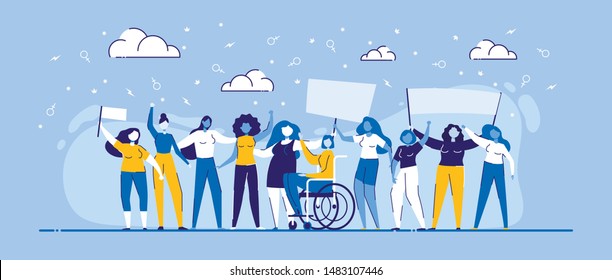 Girl Power Vector Illustration. Cartoon Women Different Race, Body Type, Standing with Streamer. Feminist Movement Demonstration. Multiethnic Multiracial Diversity Equality. Feminism Rights Fight