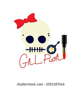 Girl Power Vector illustration: funny girly skull and abbreviation GRL PWR. Glam emoji styled Girl or Woman empowerment promotion.