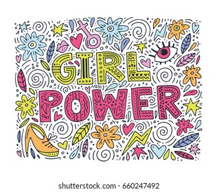 Girl Power Vector illustration with lettering and feminine objects