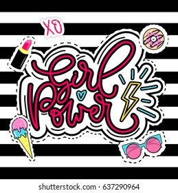 Girl power vector illustration. Modern feminism quote with calligraphy. Hand drawn inspirational phrase with ice-cream, lipstick,donut, sunglasses elements. 